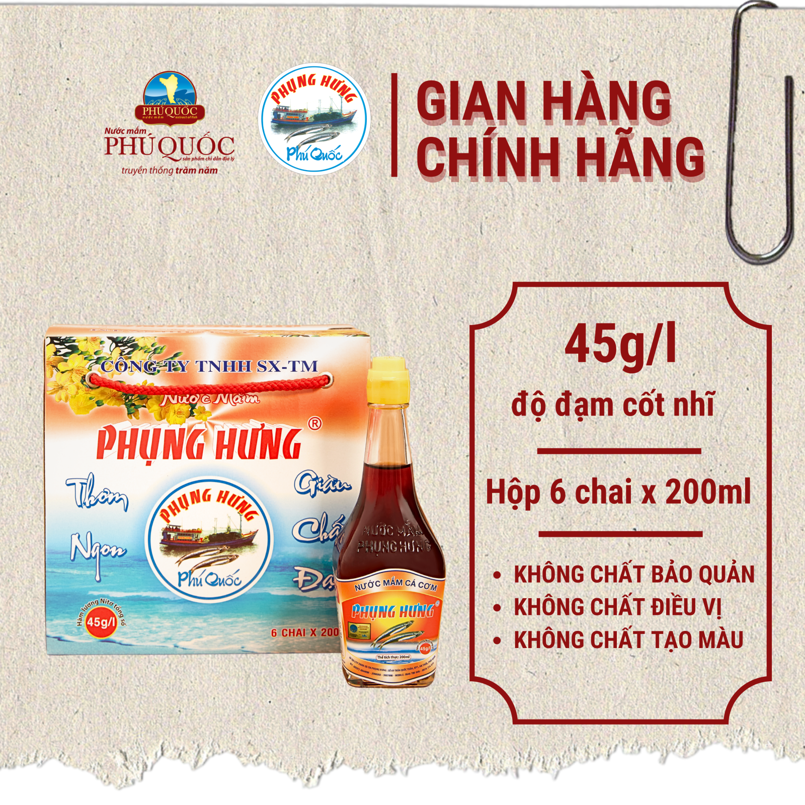 Hộp 6 Chai Thuỷ Tinh Nước Mắm Cốt Nhĩ 45 Độ Đạm 200ml